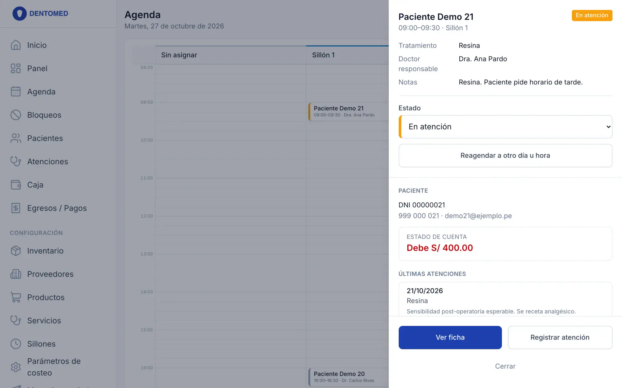 Agenda de Dento con la ficha del paciente abierta
